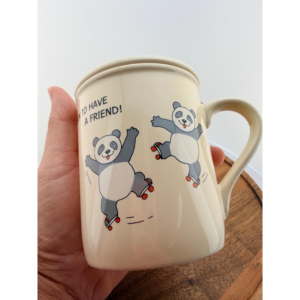 Vintage 80s Hallmark Mug Mates Roller Skating Pandas Coffee Cup with Lid Kawaii